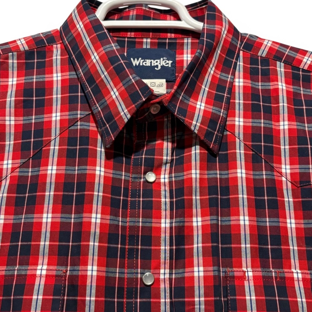 Wrangler Mens Red Navy Plaid Pearl‎ Snap Western Shirt 2XLT Cotton